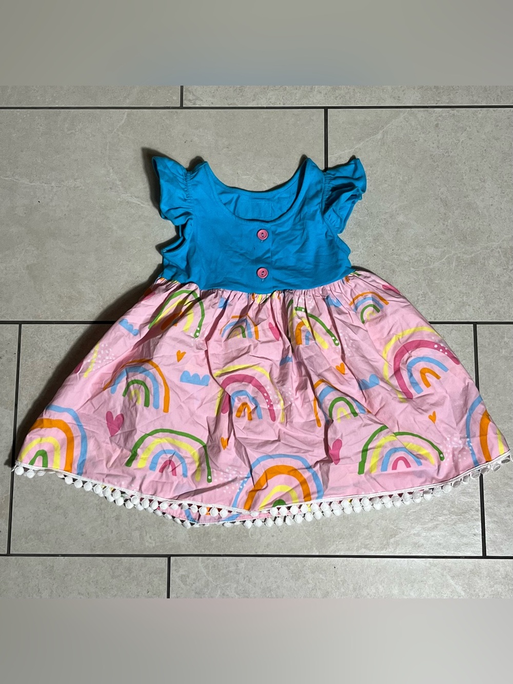 Eleanor Rose Blue & Pink Rainbow Dress with Pom Pom Trim Size 3-4